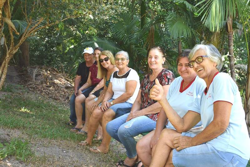 Grupo de idosas reunidas ao ar livre, em meio às árvores do parque